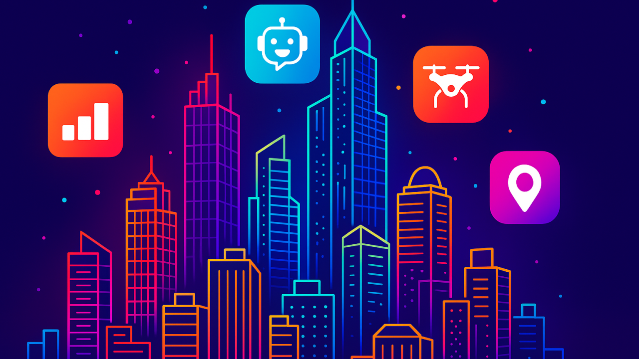 A vibrant city skyline with icons representing analytics, chatbot, drone, and location services, set against a dark background.