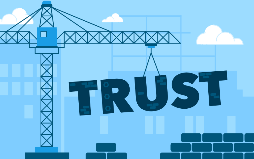 Illustration of a construction crane lifting large letters that spell TRUST against a backdrop of buildings and clouds, symbolizing how you can Build Trust and Win More Clients With Dwelio.