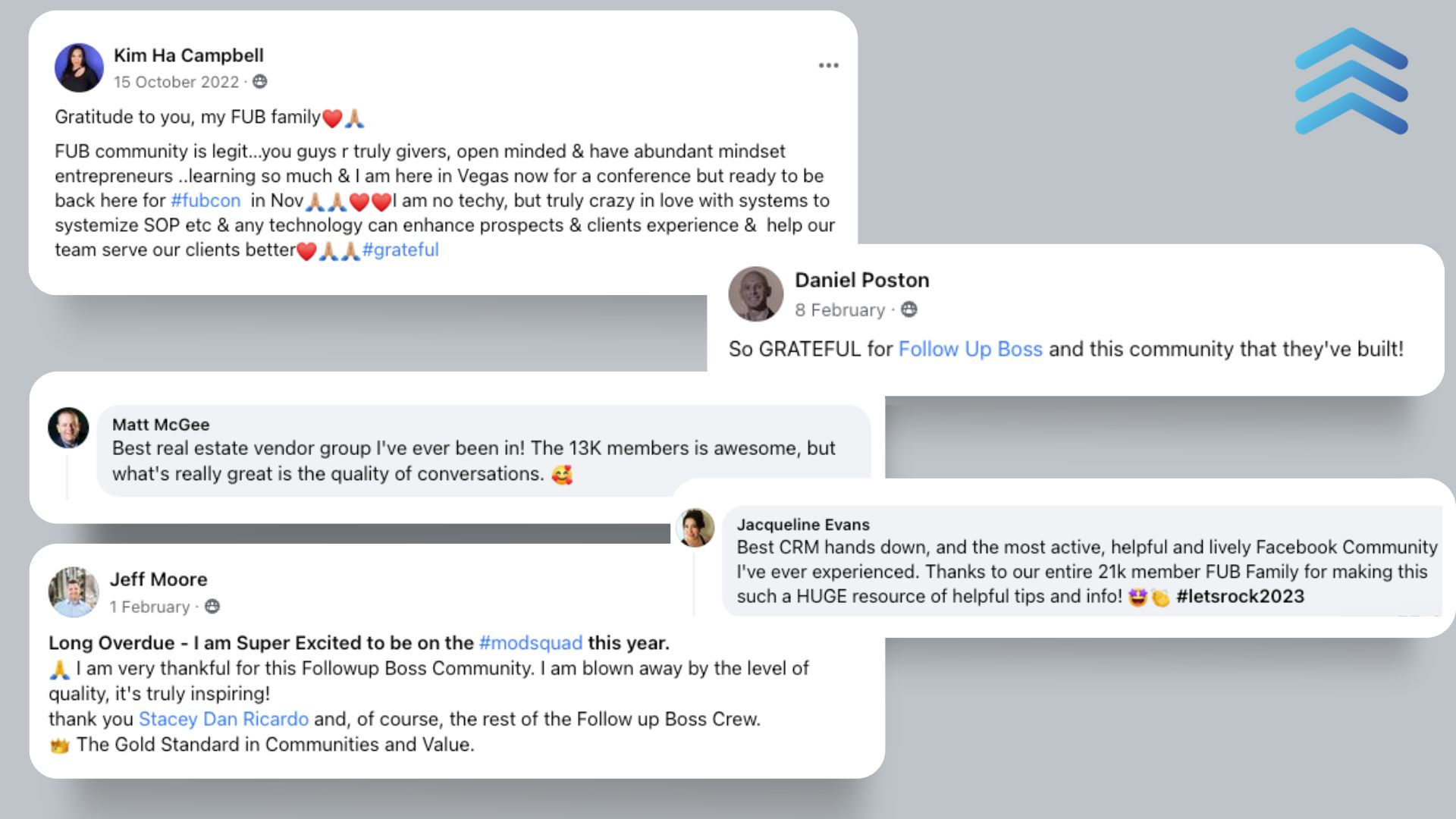 Testimonies of gratitude and appreciation from members in a Facebook group about the Follow Up Boss community and its value.